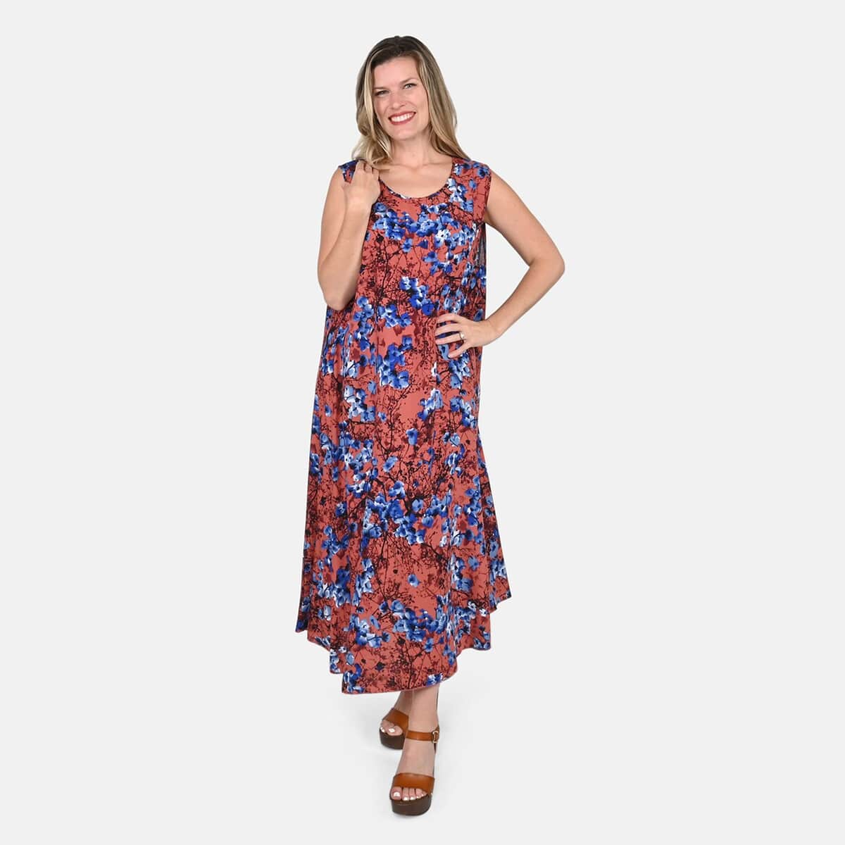 Blue Floral A-Line Viscose Sleeveless Dress - One Size Plus image number 0