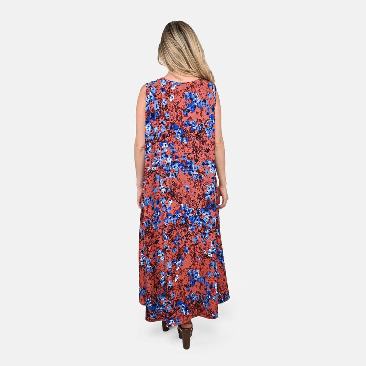 Blue Floral A-Line Viscose Sleeveless Dress - One Size Plus image number 1