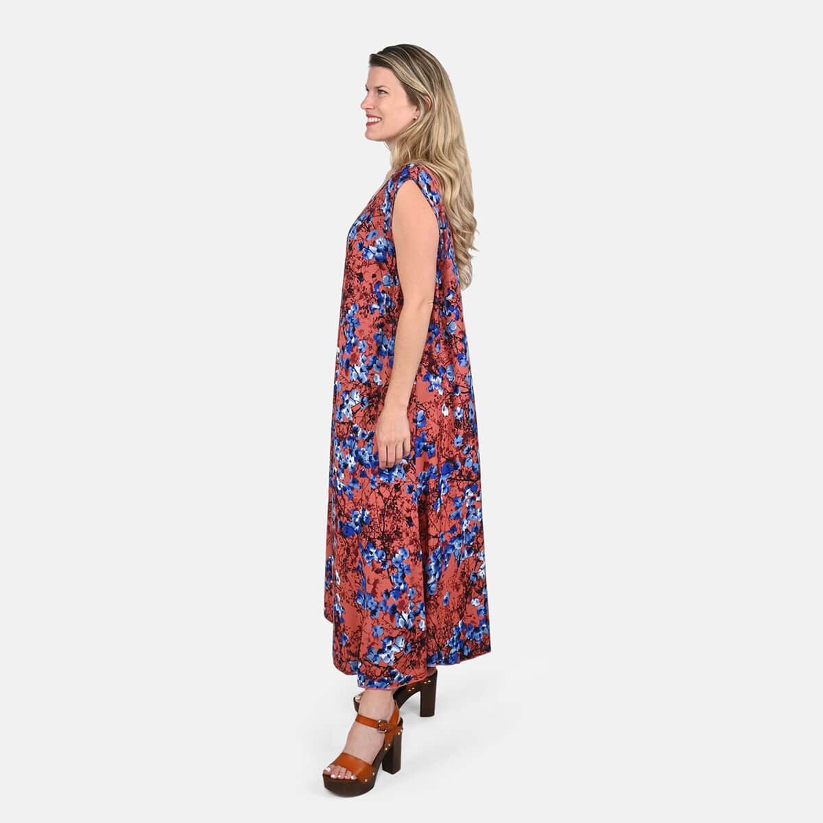 Blue Floral A-Line Viscose Sleeveless Dress - One Size Plus image number 2