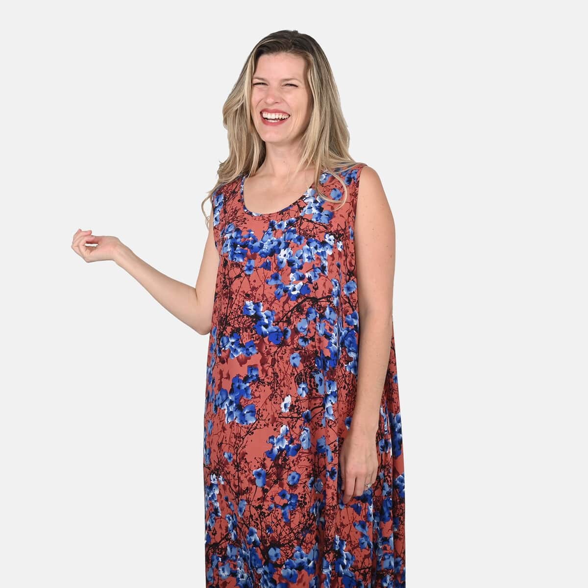 Blue Floral A-Line Viscose Sleeveless Dress - One Size Plus image number 3