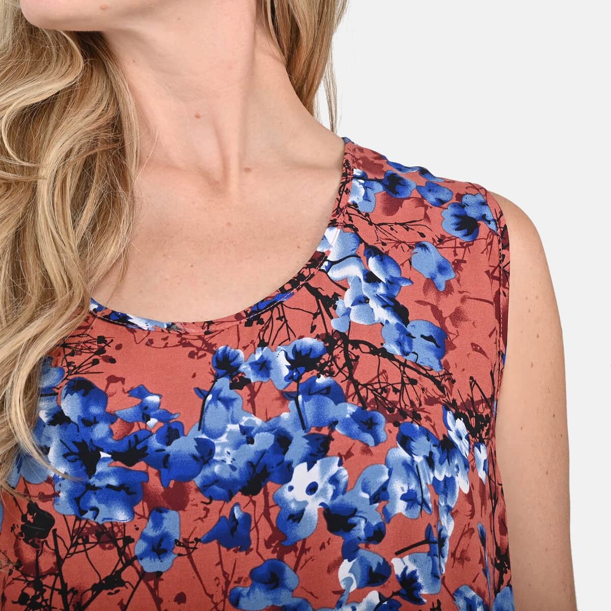 Blue Floral A-Line Viscose Sleeveless Dress - One Size Plus image number 4