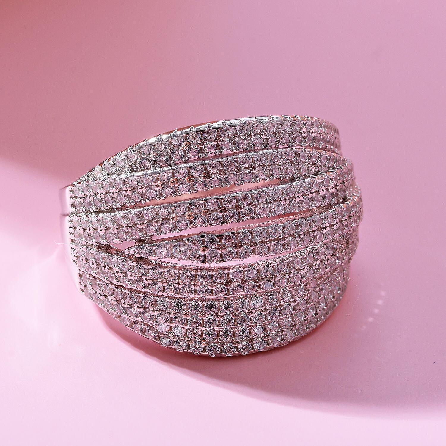 Simulated Diamond Ring in Platinum Over Sterling Silver (Size 6.5)