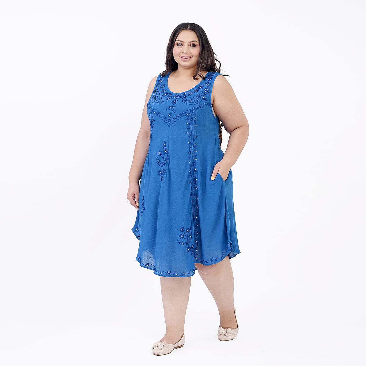 Tamsy Ocean Blue Sequin Floral Embroidery Dress - One Size Missy image number 2