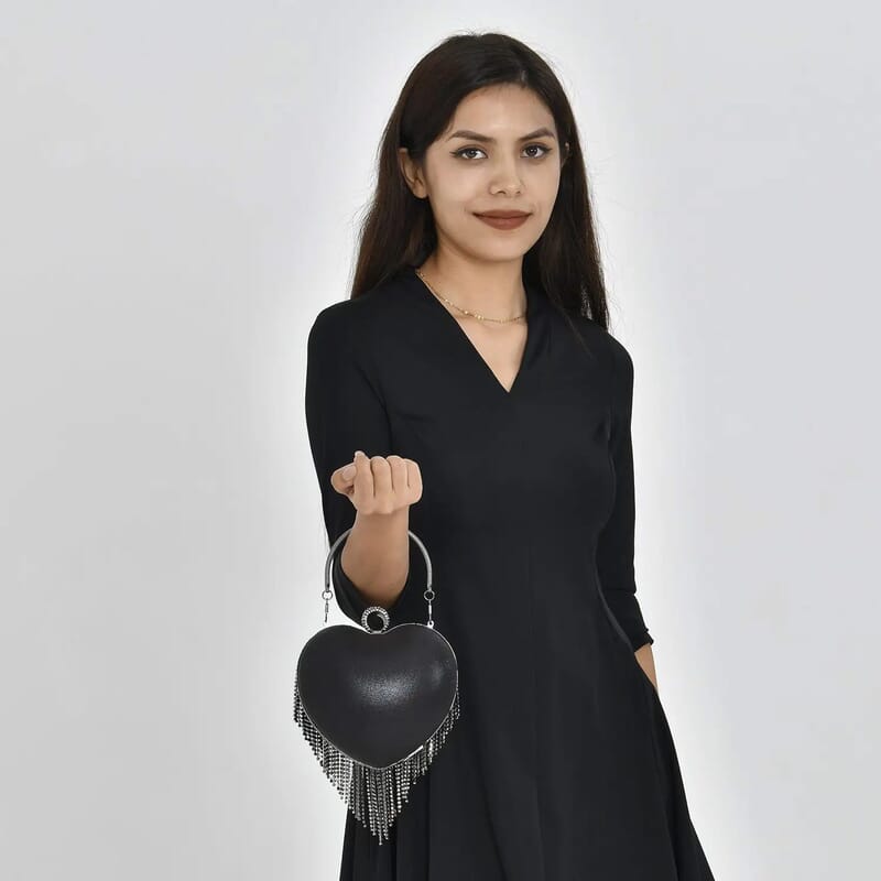 Black Heart Shape Tassel Clutch Bag for Women with Handle and Removable Chain Strap , Women Purse , Designer Bags , Ladies Purse , Handbags for Women