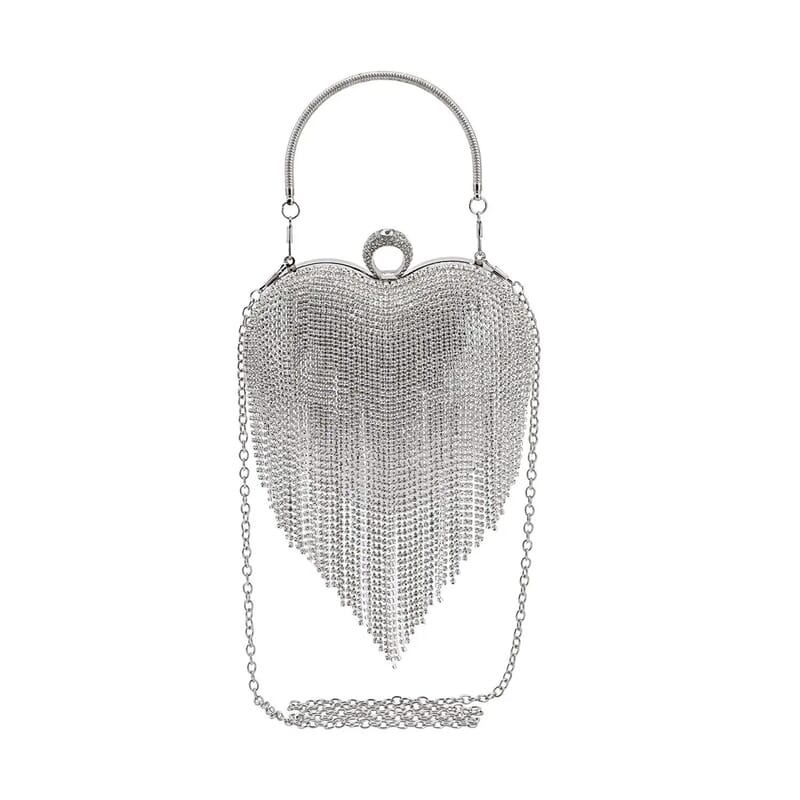 Silver Heart Shape Tassel Clutch Bag for Women with Handle and Removable Chain Strap , Women Purse , Designer Bags , Ladies Purse , Handbags for Women