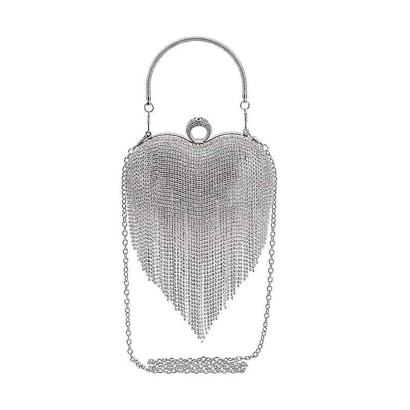 Silver Heart Shape Tassel Clutch Bag for Women with Handle and Removable Chain Strap , Women Purse , Designer Bags , Ladies Purse , Handbags for Women