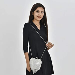 Silver Heart Shape Tassel Clutch Bag for Women with Handle and Removable Chain Strap , Women Purse , Designer Bags , Ladies Purse , Handbags for Women