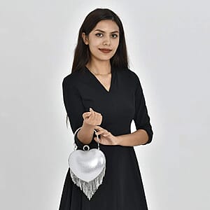 Silver Heart Shape Tassel Clutch Bag for Women with Handle and Removable Chain Strap , Women Purse , Designer Bags , Ladies Purse , Handbags for Women