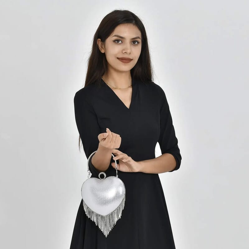 Silver Heart Shape Tassel Clutch Bag for Women with Handle and Removable Chain Strap , Women Purse , Designer Bags , Ladies Purse , Handbags for Women
