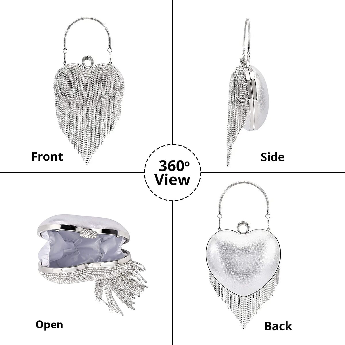 Silver Heart Shape Tassel Clutch Bag for Women with Handle and Removable Chain Strap , Women Purse , Designer Bags , Ladies Purse , Handbags for Women image number 4