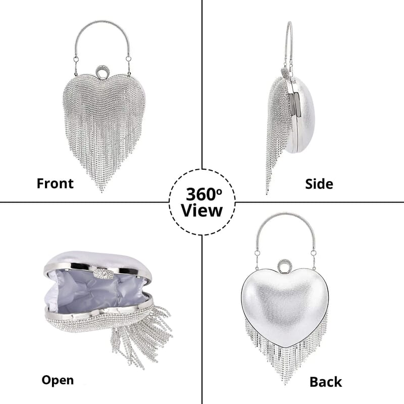 Silver Heart Shape Tassel Clutch Bag for Women with Handle and Removable Chain Strap , Women Purse , Designer Bags , Ladies Purse , Handbags for Women