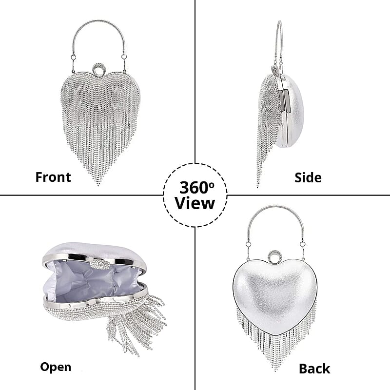 Silver Heart Shape Tassel Clutch Bag for Women with Handle and Removable Chain Strap , Women Purse , Designer Bags , Ladies Purse , Handbags for Women