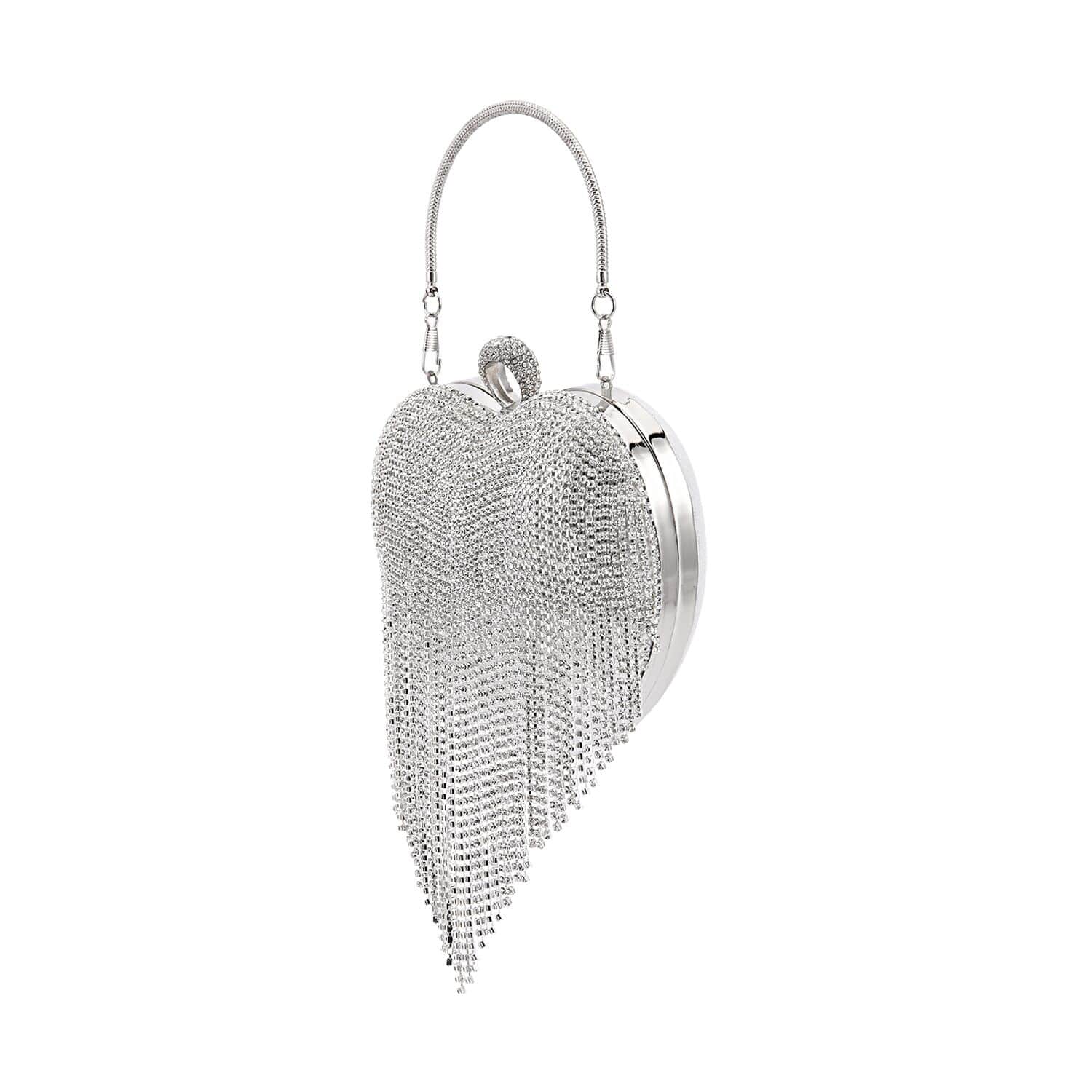 Newest New Silver Rhinestone and Clear Emerald Cut Crystal -Hard Shell Clutch Evening Handbag With removable Silver Shoulder Chain