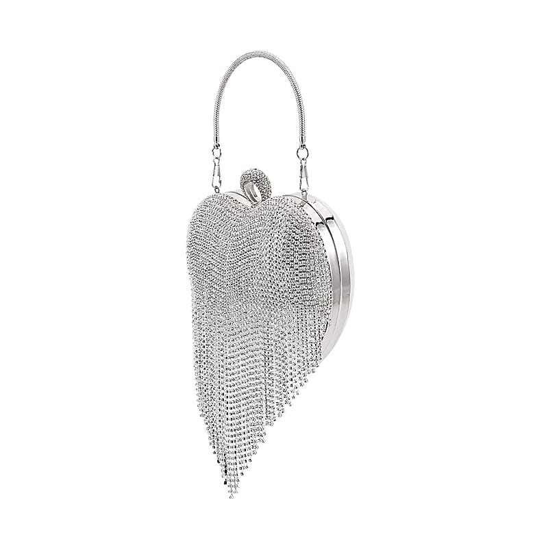 Silver Heart Shape Tassel Clutch Bag for Women with Handle and Removable Chain Strap , Women Purse , Designer Bags , Ladies Purse , Handbags for Women