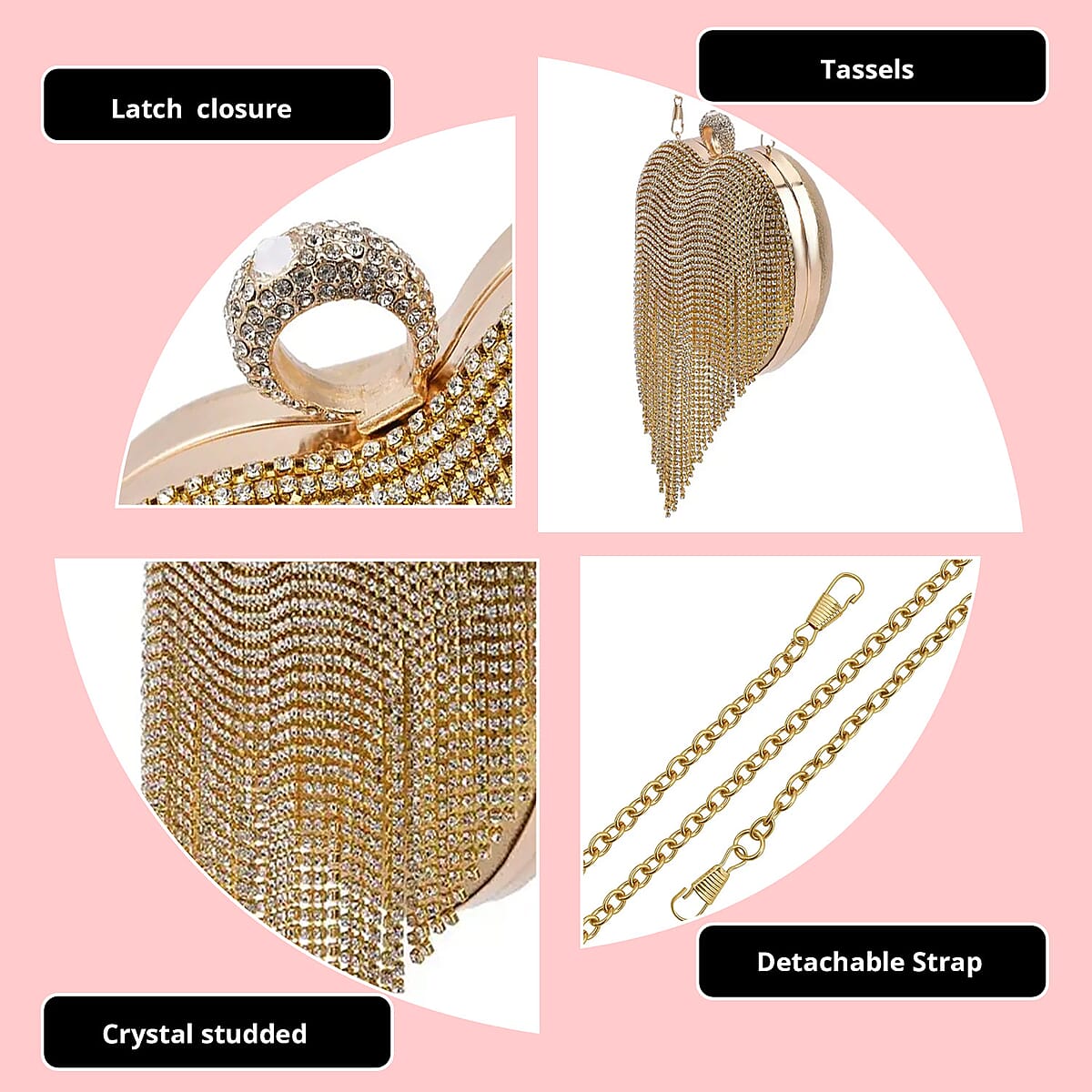 Gold Heart Shape Tassel Clutch Bag for Women with Handle and Removable Chain Strap , Women Purse , Designer Bags , Ladies Purse , Handbags for Women image number 3