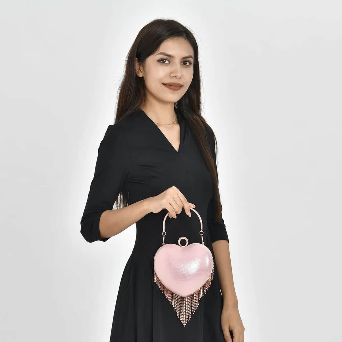 Pink Heart Shape Tassel Clutch Bag for Women with Handle and Removable Chain Strap, Women Purse, Designer Bags, Ladies Purse, Handbags for Women image number 2