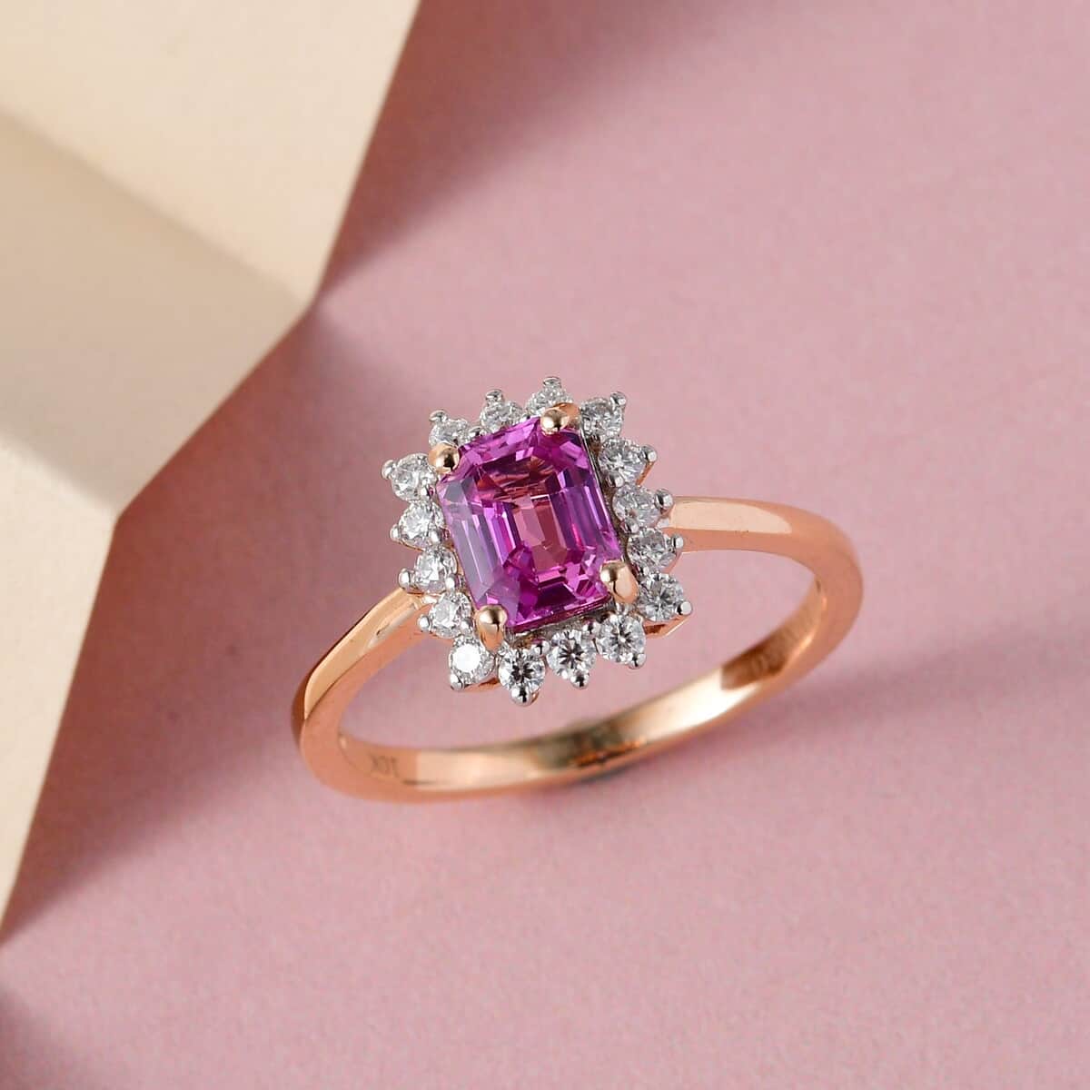 Luxoro 10K Rose Gold AAA Madagascar Pink Sapphire and Moissanite Halo Ring (Size 7.0) 1.40 ctw image number 1