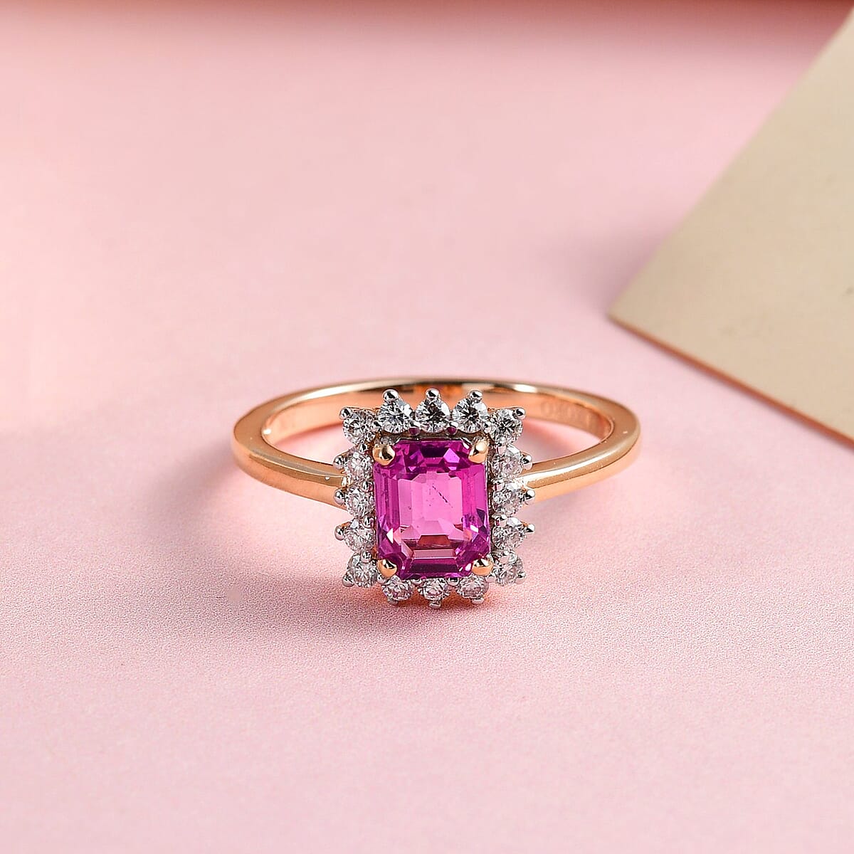 Luxoro 10K Rose Gold AAA Madagascar Pink Sapphire and Moissanite Halo Ring (Size 8.0) 1.40 ctw image number 1