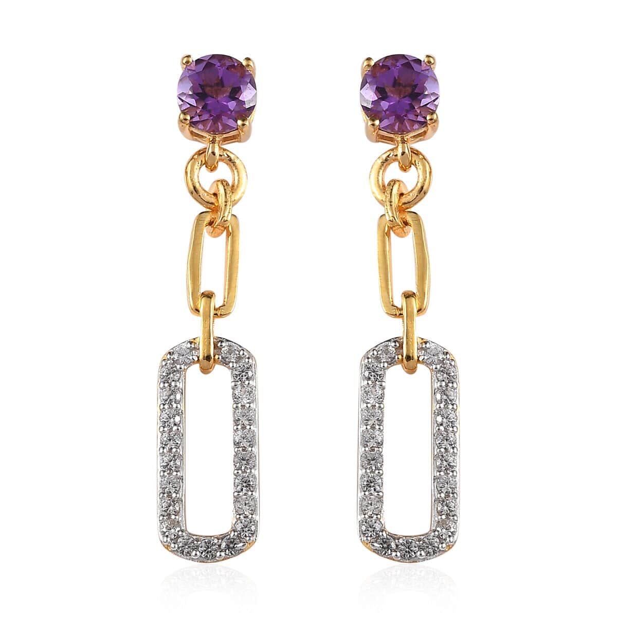 Amethyst and White Zircon Dangling Earrings in Vermeil Yellow Gold Over Sterling Silver 1.40 ctw image number 0