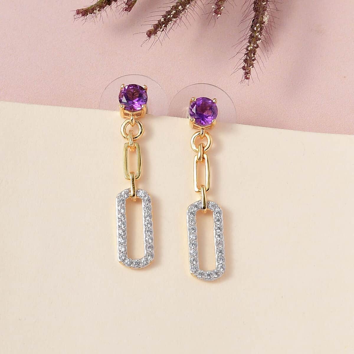 Amethyst and White Zircon Dangling Earrings in Vermeil Yellow Gold Over Sterling Silver 1.40 ctw image number 1