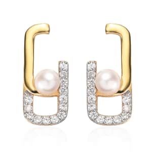 Freshwater Pearl and White Zircon Paperclip Earrings in Vermeil Yellow Gold Over Sterling Silver 0.50 ctw