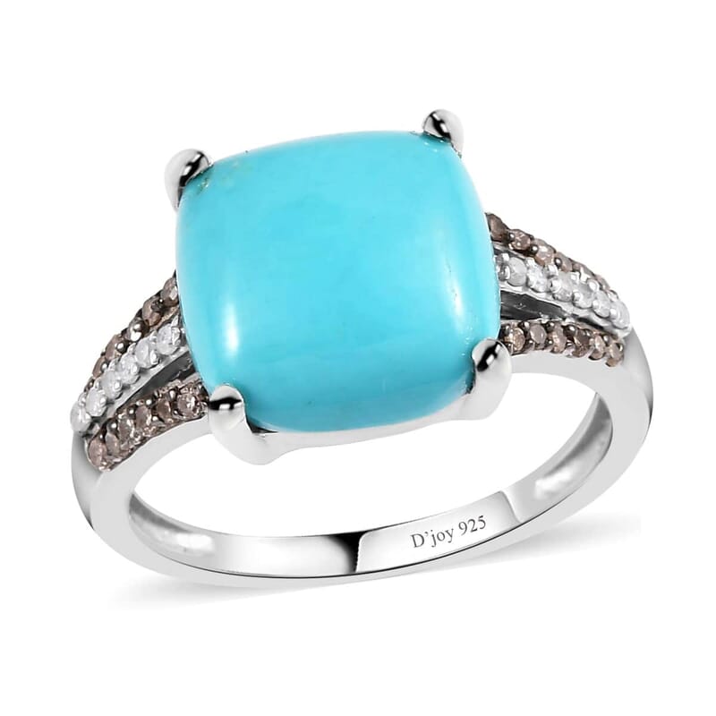 Sleeping Beauty Turquoise, Natural Champagne and White Diamond Ring in Platinum Over Sterling Silver (Size 10.0) 5.00 ctw