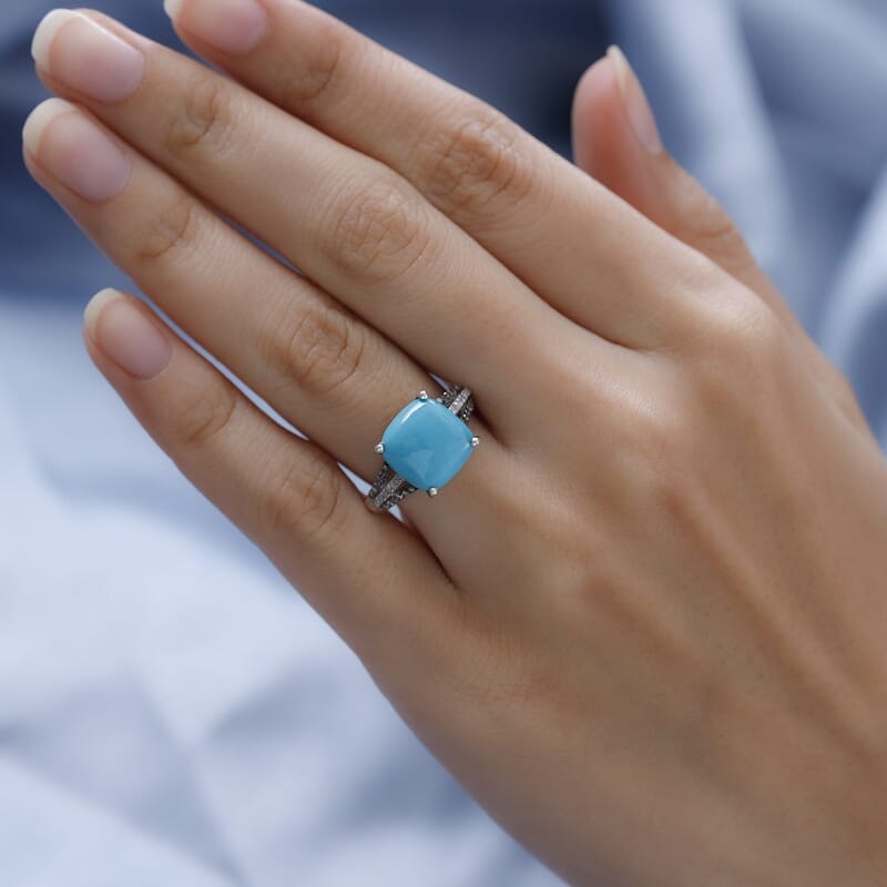 Sleeping Beauty Turquoise, Natural Champagne and White Diamond Ring in Platinum Over Sterling Silver (Size 10.0) 5.00 ctw