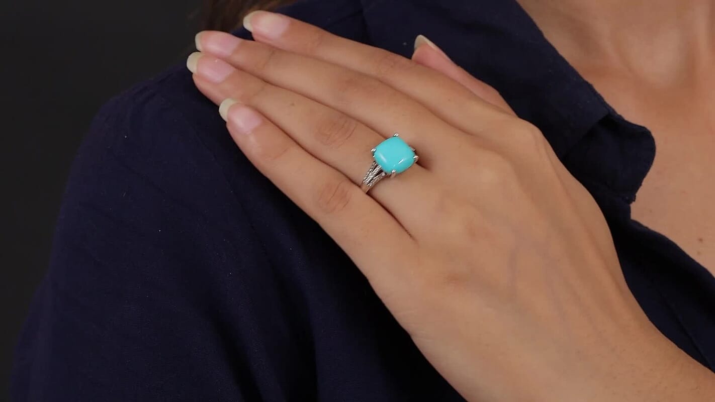 American Natural Sleeping Beauty Turquoise, Natural Champagne and White Diamond Ring in Platinum Over Sterling Silver 5.00 ctw