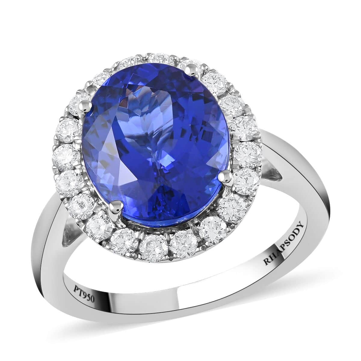 Doorbuster Red Carpet Collection Certified & Appraised RHAPSODY 950 Platinum AAAA Tanzanite and E-F VS Diamond Halo Ring 8 Grams 6.40 ctw image number 0
