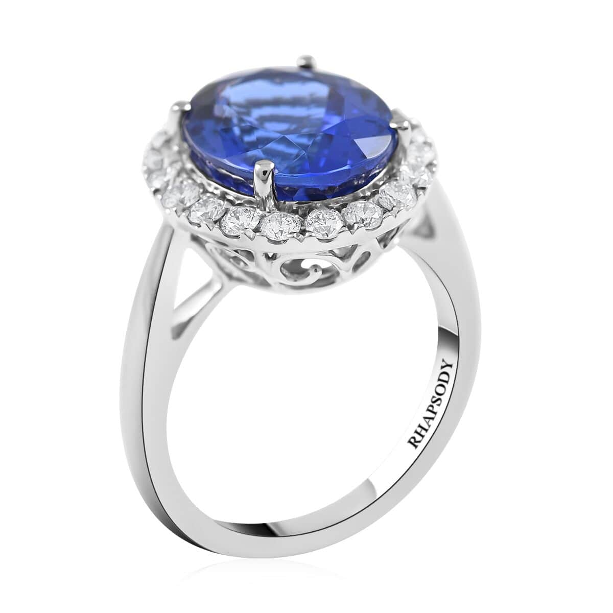 Doorbuster Red Carpet Collection Certified & Appraised RHAPSODY 950 Platinum AAAA Tanzanite and E-F VS Diamond Halo Ring 8 Grams 6.40 ctw image number 3
