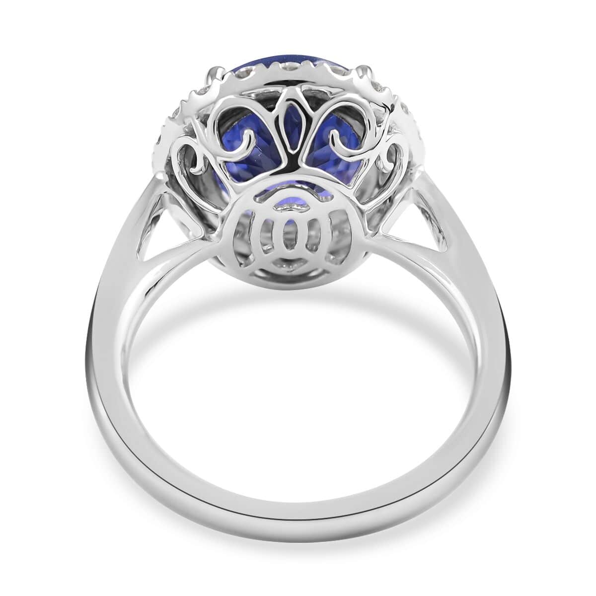 Certified & Appraised Rhapsody 950 Platinum AAAA Tanzanite and E-F VS Diamond Halo Ring (Size 6.0) 8 Grams 6.40 ctw image number 4