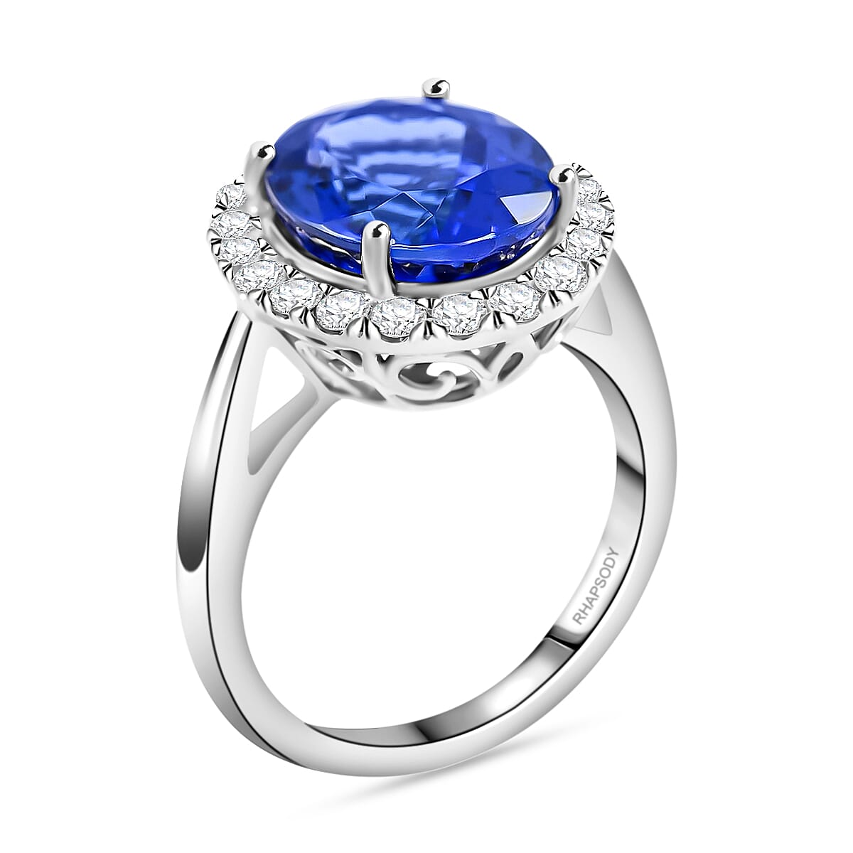 Certified & Appraised Rhapsody 950 Platinum AAAA Tanzanite and E-F VS Diamond Halo Ring (Size 8.0) 8 Grams 6.40 ctw image number 3