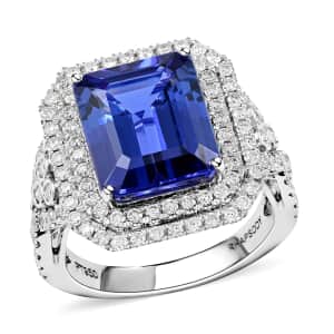 Certified & Appraised Rhapsody 950 Platinum AAAA Tanzanite and Diamond E-F VS Double Halo Ring (Size 7.0) 11.40 Grams 8.10 ctw