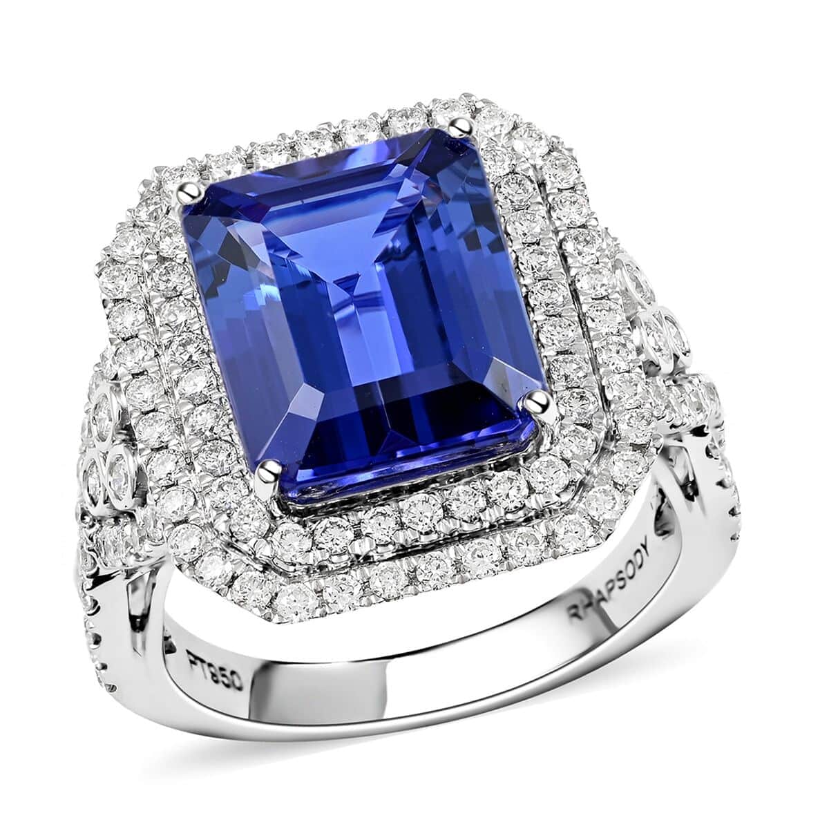 Doorbuster Red Carpet Collection Certified & Appraised RHAPSODY 950 Platinum AAAA Tanzanite and E-F VS Diamond Double Halo Ring (Size 7.0) 11.40 Grams 8.10 ctw image number 0