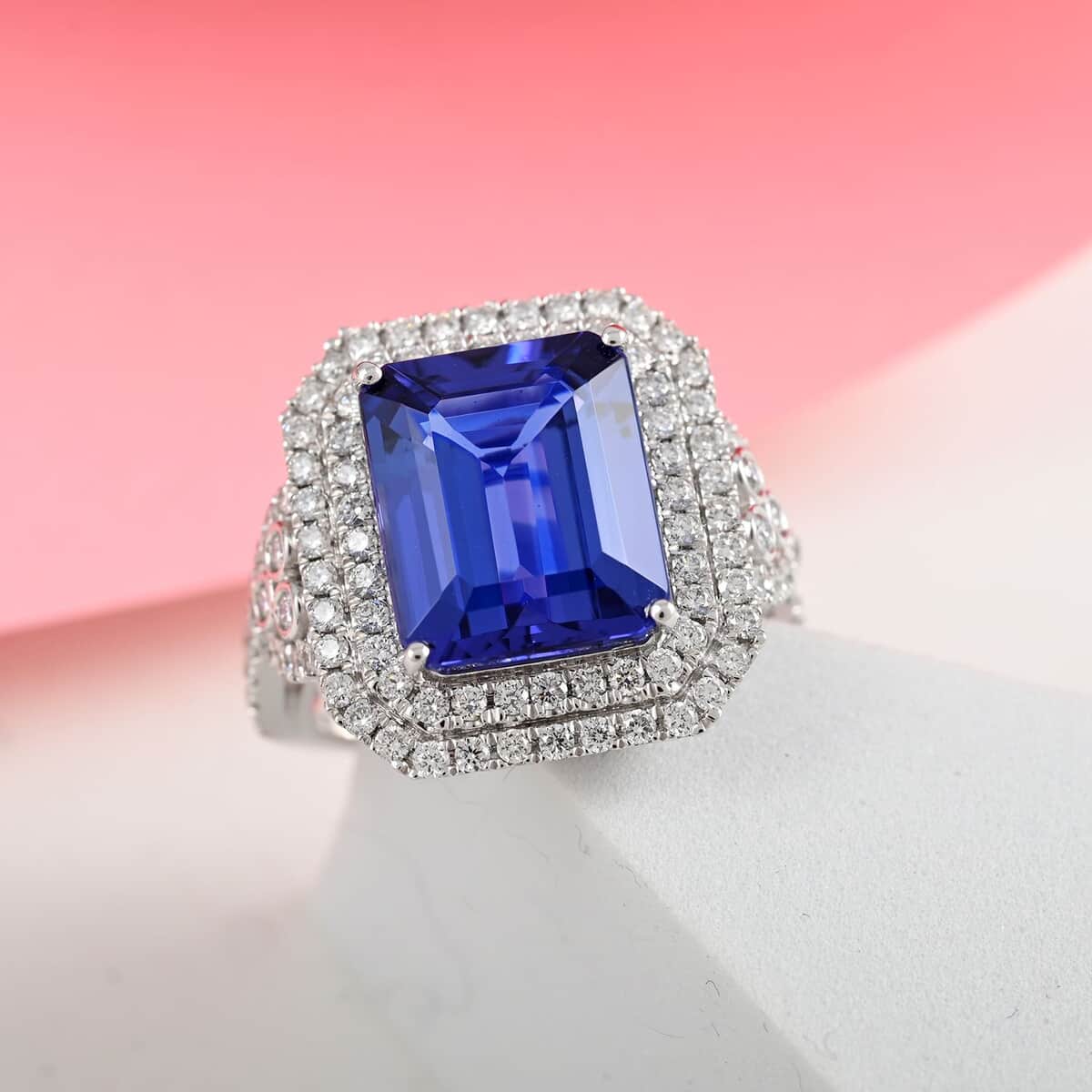 Doorbuster Red Carpet Collection Certified & Appraised RHAPSODY 950 Platinum AAAA Tanzanite and E-F VS Diamond Double Halo Ring (Size 7.0) 11.40 Grams 8.10 ctw image number 1