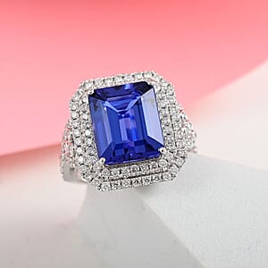 Certified & Appraised Rhapsody 950 Platinum AAAA Tanzanite and Diamond E-F VS Double Halo Ring (Size 8.0) 11.40 Grams 8.10 ctw