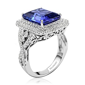 Certified & Appraised Rhapsody 950 Platinum AAAA Tanzanite and Diamond E-F VS Double Halo Ring (Size 8.0) 11.40 Grams 8.10 ctw
