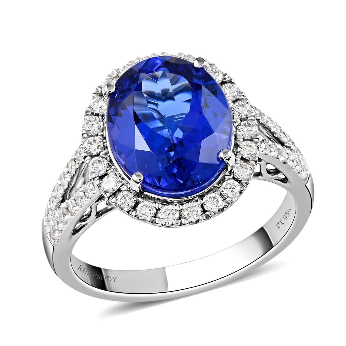 Doorbuster Certified & Appraised RHAPSODY 950 Platinum AAAA Tanzanite and E-F VS Diamond Halo Ring 6.65 Grams 5.30 ctw image number 0