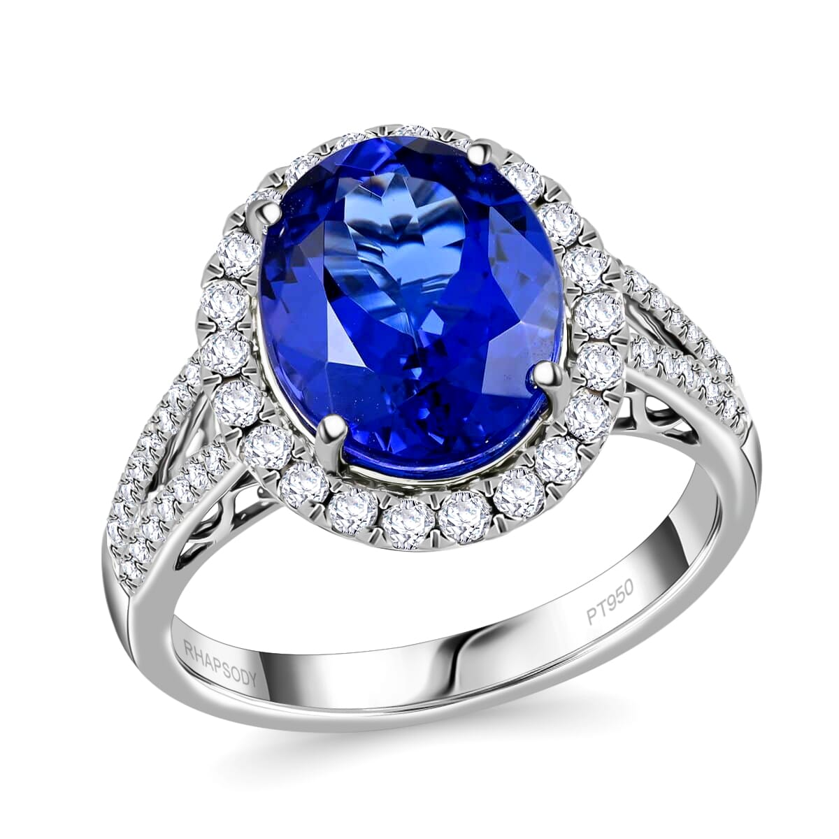 Doorbuster Certified & Appraised RHAPSODY 950 Platinum AAAA Tanzanite and E-F VS Diamond Halo Ring 6.65 Grams 5.30 ctw image number 0