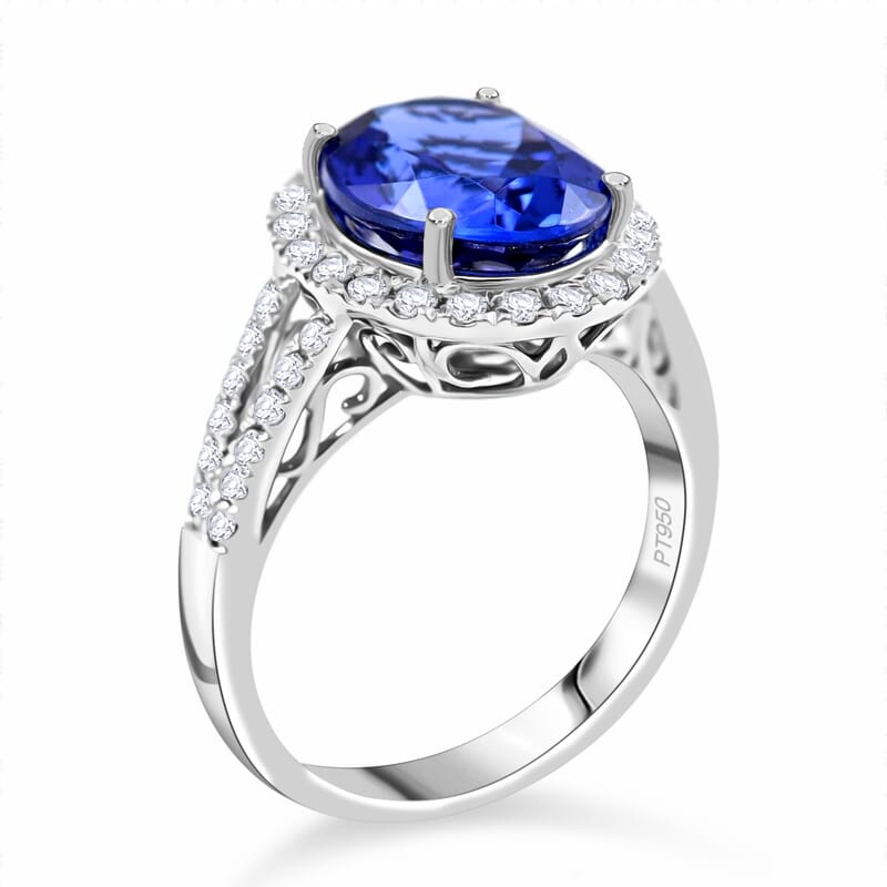 Certified & Appraised Rhapsody AAAA Tanzanite and E-F VS Diamond 5.30 ctw Halo Ring in 950 Platinum (Size 10.0) 6.65 Grams