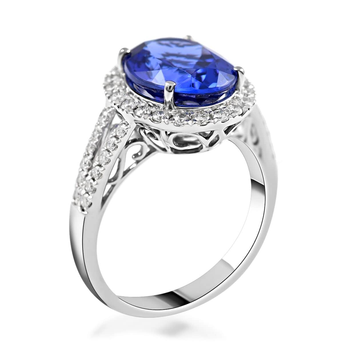 Doorbuster Certified & Appraised RHAPSODY 950 Platinum AAAA Tanzanite and E-F VS Diamond Halo Ring 6.65 Grams 5.30 ctw image number 3