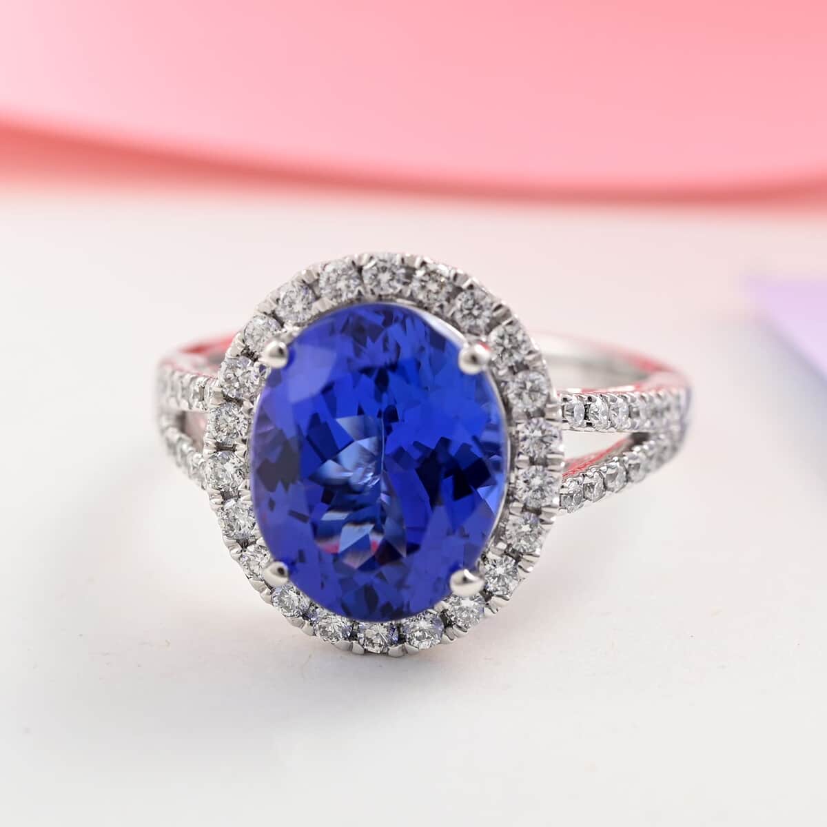 Certified & Appraised Rhapsody 950 Platinum AAAA Tanzanite and E-F VS Diamond Halo Ring (Size 7.0) 6.65 Grams 5.30 ctw image number 1