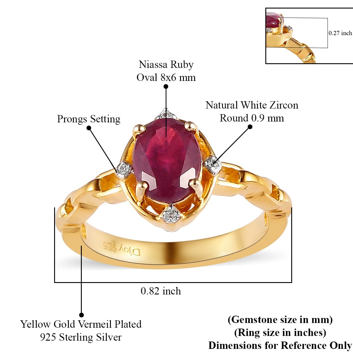 Niassa Ruby and Natural White Zircon Ring in Vermeil Yellow Gold Over Sterling Silver 1.80 ctw image number 5