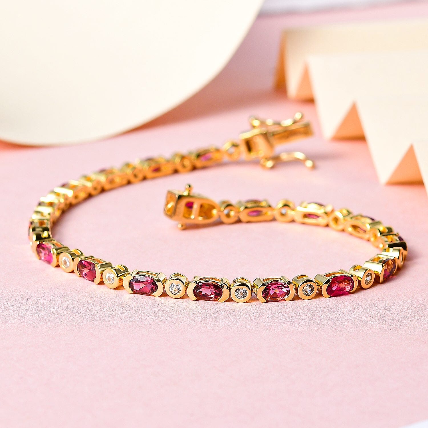 Rubellite and White Zircon 5.40 ctw Bracelet in 18K Vermeil Yellow Gold Over Sterling Silver (8.0 In)