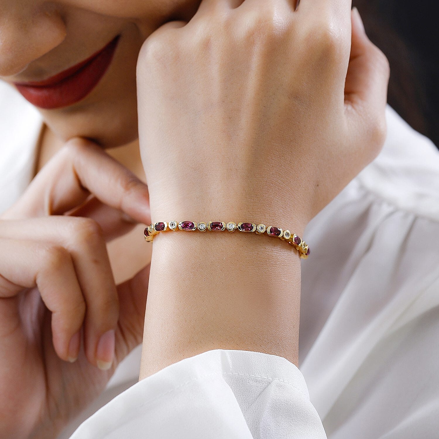 Rubellite and White Zircon 5.40 ctw Bracelet in 18K Vermeil Yellow Gold Over Sterling Silver (8.0 In)