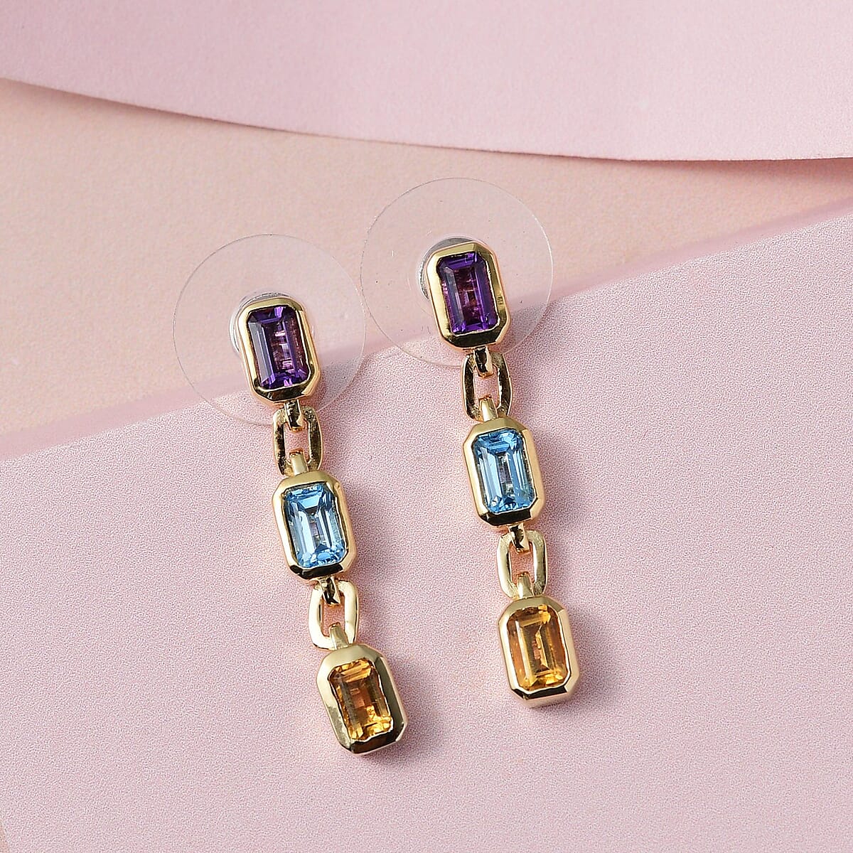 Multi Gemstone Dangling Earrings in Vermeil Yellow Gold Over Sterling Silver 1.90 ctw image number 1