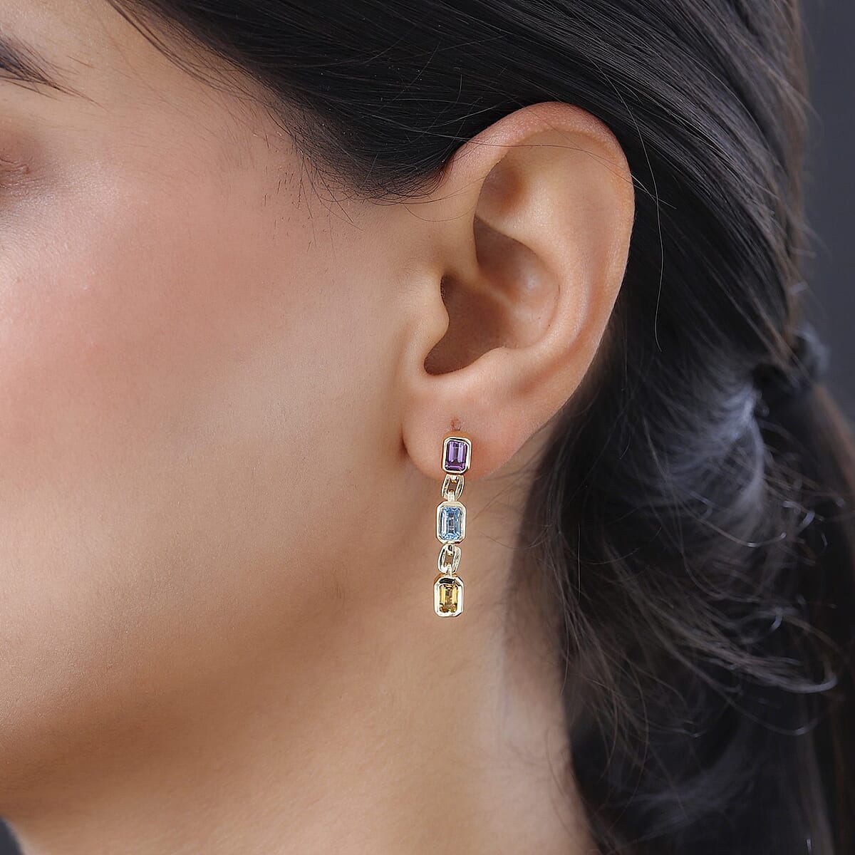 Multi Gemstone Dangling Earrings in Vermeil Yellow Gold Over Sterling Silver 1.90 ctw image number 2