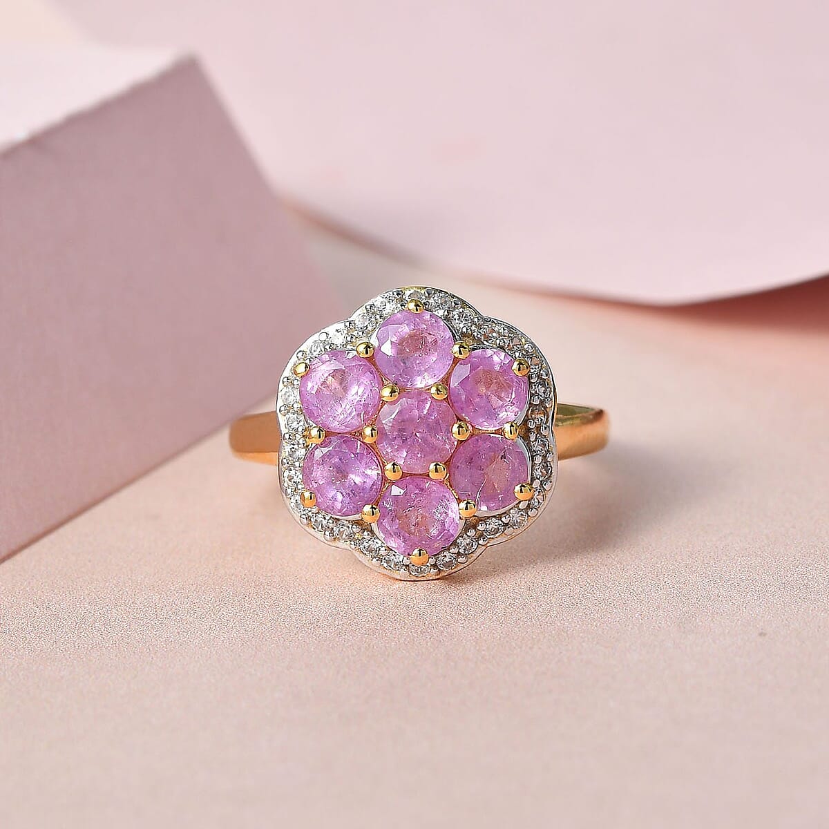 Ilakaka Hot Pink Sapphire (FF) and White Zircon Cluster Ring in Vermeil Yellow Gold Over Sterling Silver (Size 8.0) 3.60 ctw image number 1