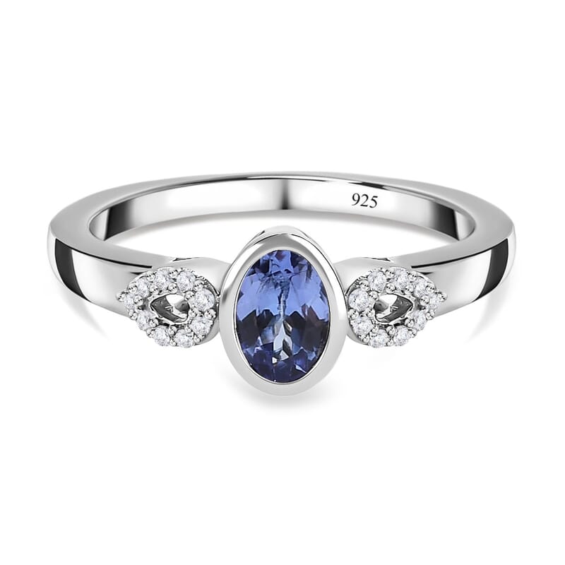 Tanzanite and White Zircon 0.65 ctw Ring in Platinum Over Sterling Silver (Size 10.0)
