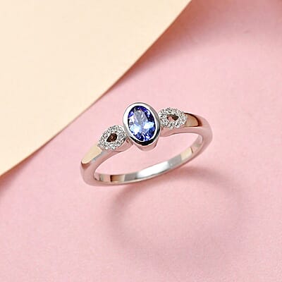 Tanzanite and White Zircon 0.65 ctw Ring in Platinum Over Sterling Silver (Size 11.5)